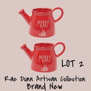 Rae Dunn Artisan Collection Merry Watering Can Ceramic Red Christmas Lot 2